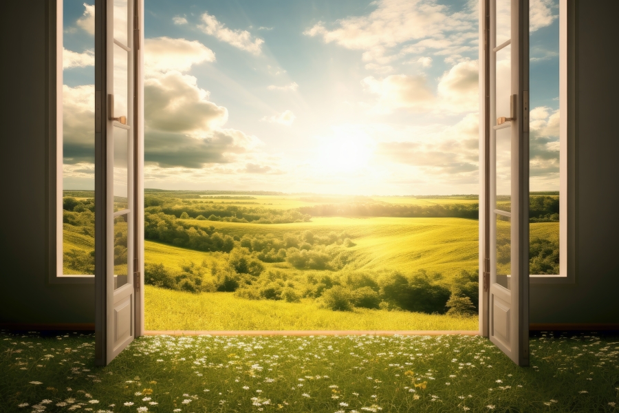 Open glass doors leading to beautiful countryside