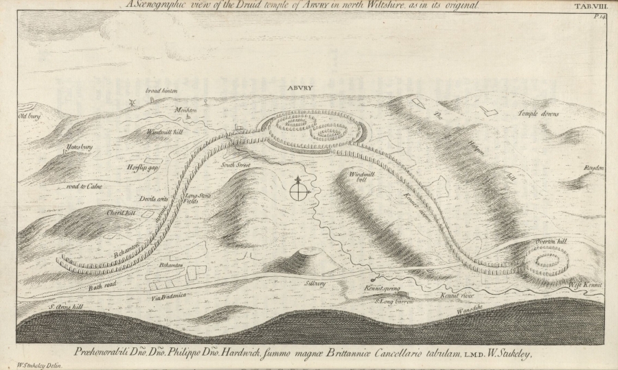 Scenographic view of the Druid temple of Abury in north Wiltshire as in its original.