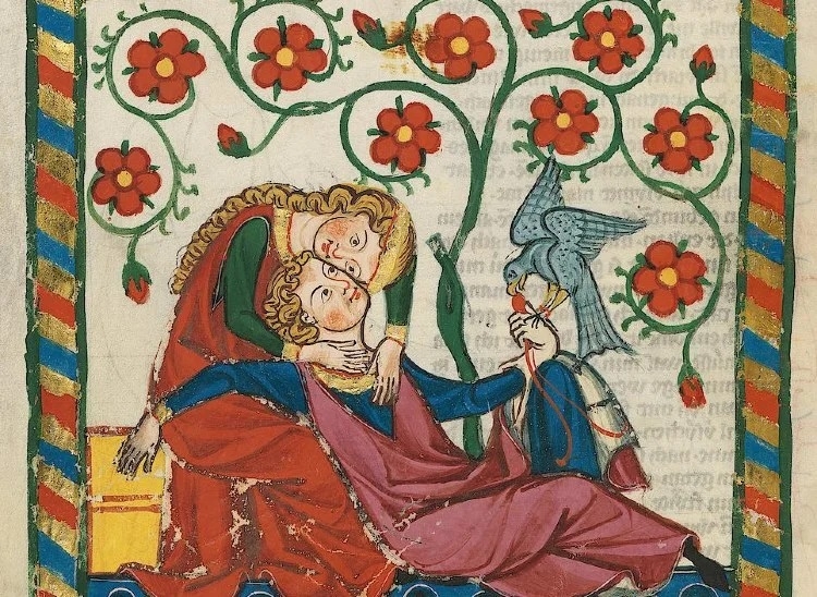 Medieval illustration of couple embracing 