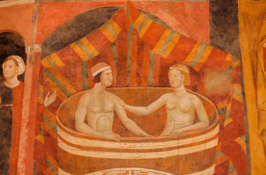 Medieval illustration of lovers in a bath