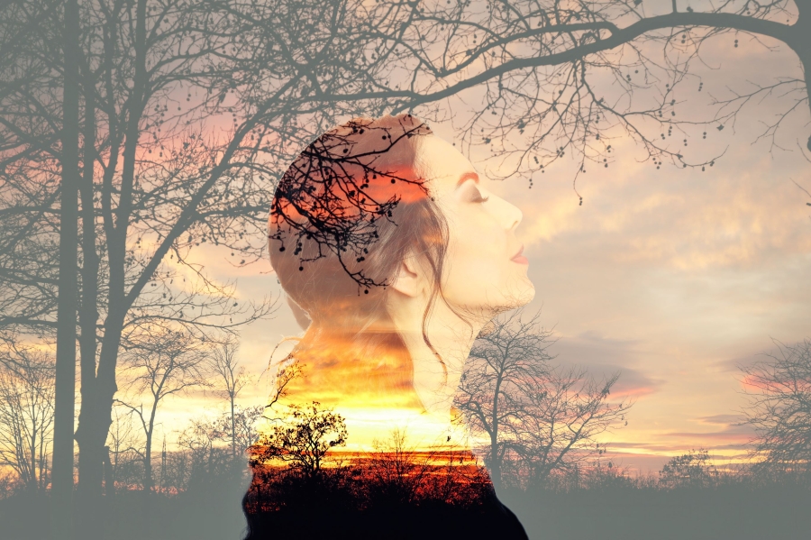 Picture of woman superimposed over silhouetted trees