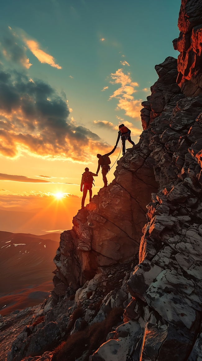 Group of climbers up a rock face