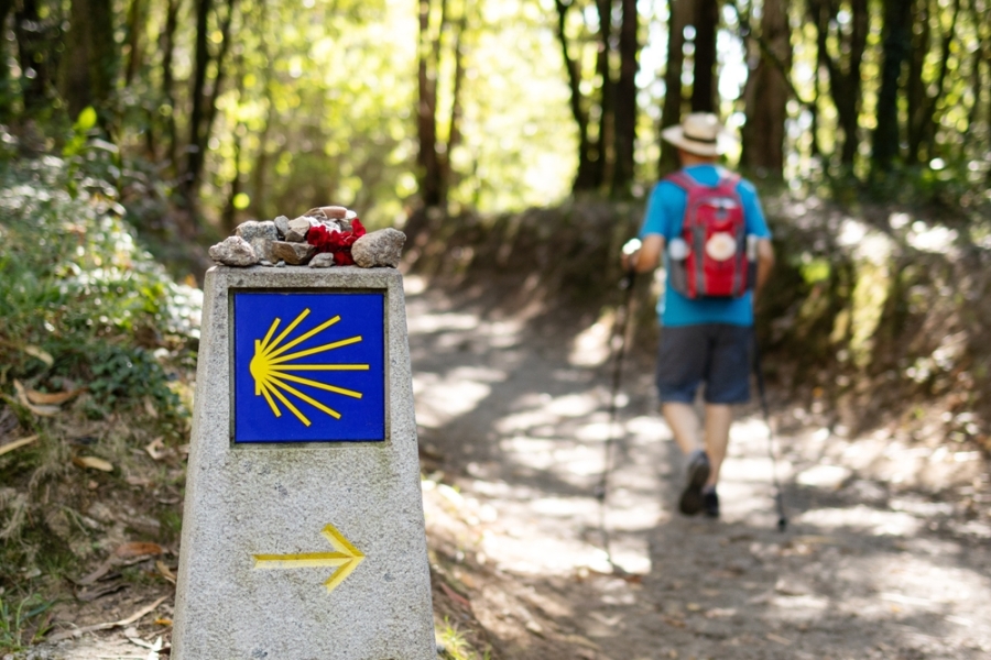 Man with backpack walking along the Camino path